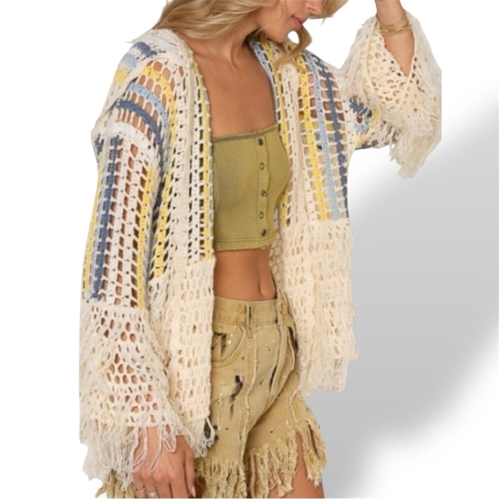 POL Bohemian Fringe Striped Knit Cardigan